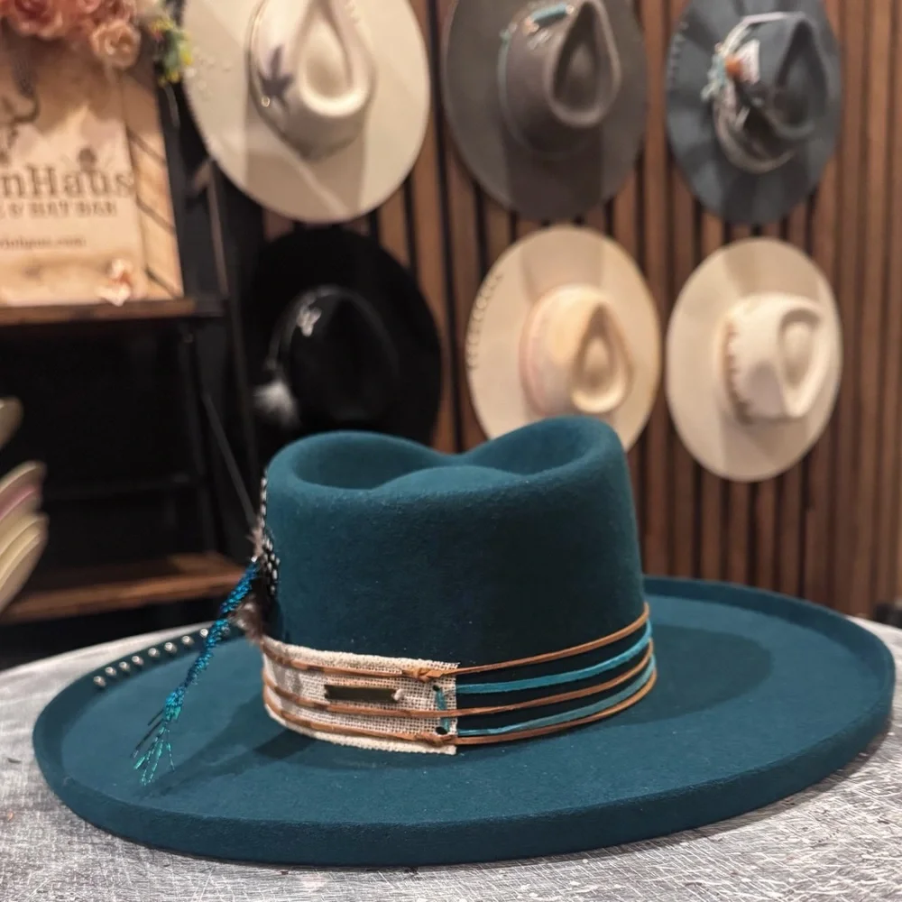 SOLD Teal Western Hat with Feather and Beaded Band - Picture 4 of 5
